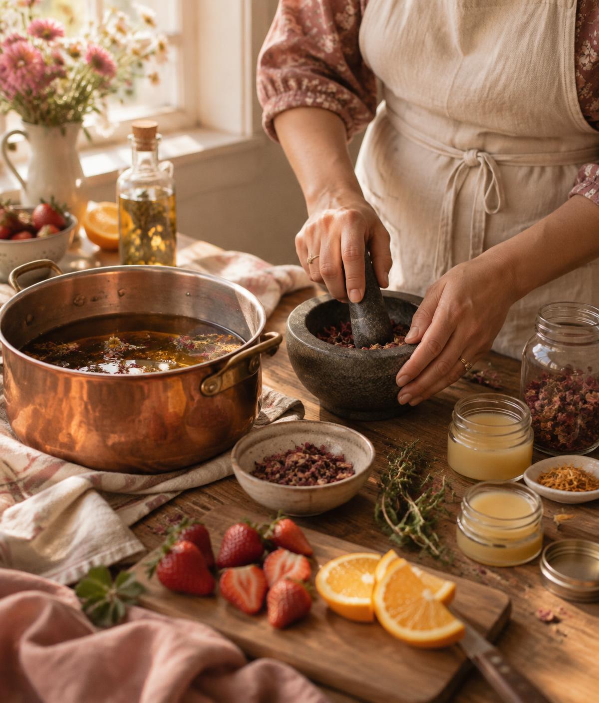 Hands crushing dried rose petals beside a copper pot of infused oil